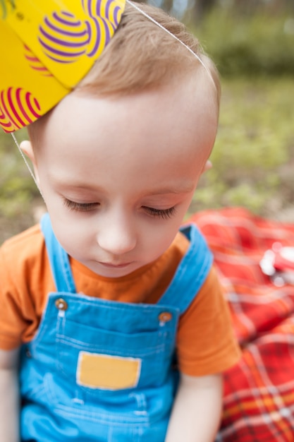 写真 森の中での健康的なピクニック。幸せな子供が食べる