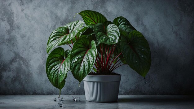 A Healthy potted dewy plant with large green leaves and prominent red stems