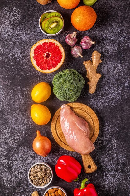 healthy products for immunity boosting and cold remedies, top view.