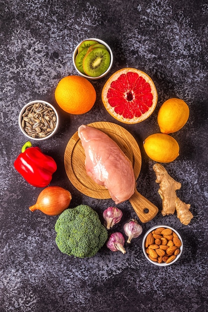 healthy products for immunity boosting and cold remedies, top view.