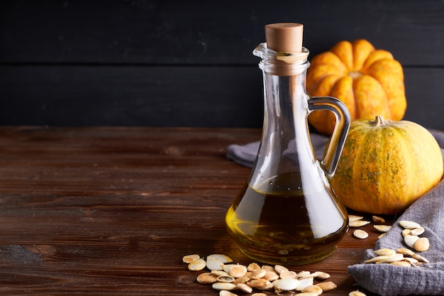 Healthy Pumpkin oil in glass bottle.