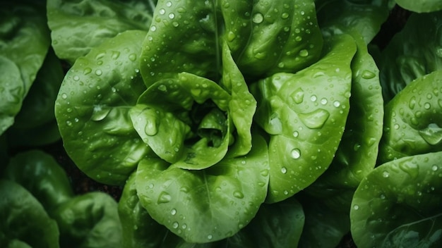 Healthy raw food ripe fresh green salad lettuce batavia closeup view from above Generative AI