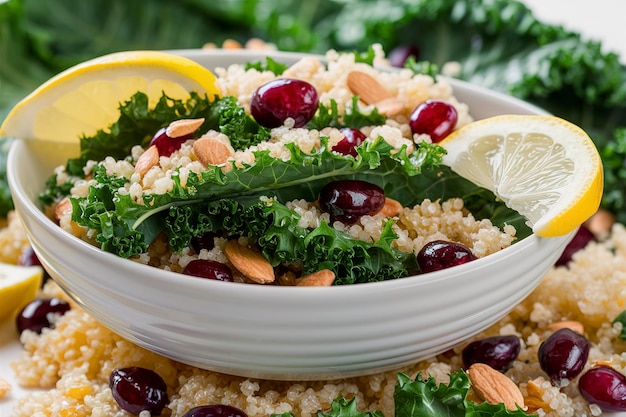 Foto salata sana di cavolo crudo e quinoa con mirtilli e mandorle