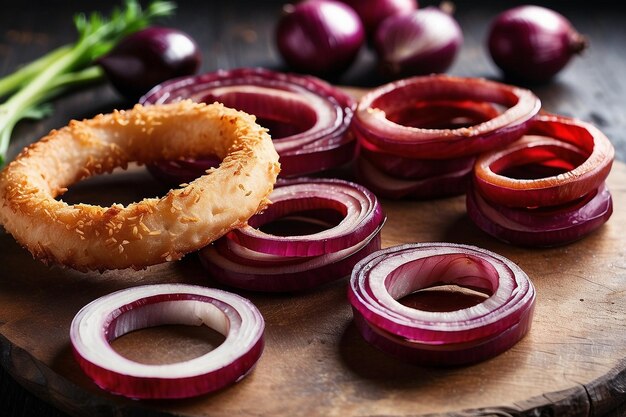 Foto anelli di cipolla rossa salutari di diverse dimensioni