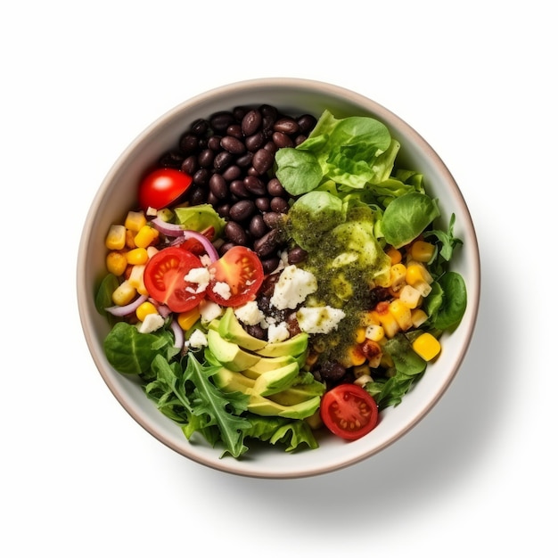 Healthy salad bowl of fresh vegetables avocado tomato cucumber overhead view on a plain background