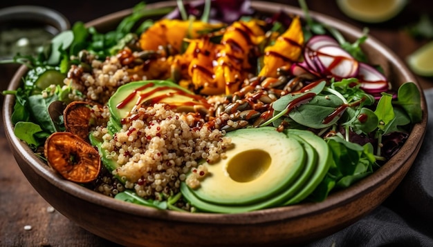 Photo healthy salad bowl with grilled meat and quinoa generated by ai