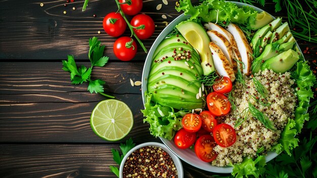 Healthy salad bowl with quinoa tomatoes chicken avocado lime and mixed greens Generative Ai