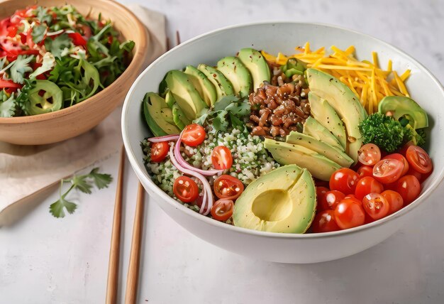 Healthy salad bowl with quinoa tomatoes chicken avocado lime and mixed greens lettuce parsley on wooden background top view food and health