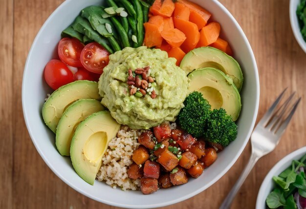 Foto sante ciotole di insalata con pomodori di quinoa, pollo, avocado, lime e verdure miste, lattuga, prezzemolo su sfondo di legno, vista dall'alto.