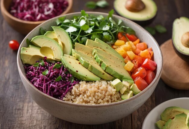 Healthy salad bowl with quinoa tomatoes chicken avocado lime and mixed greens lettuce parsley on wooden background top view Food and health