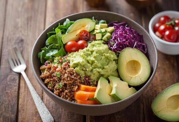 Healthy salad bowl with quinoa tomatoes chicken avocado lime and mixed greens lettuce parsley on wooden background top view Food and health