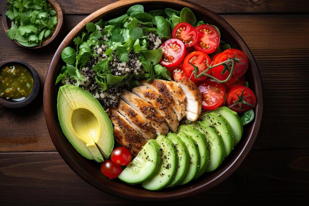 Foto una ciotola di insalata sana con quinoa, pomodori, pollo, avocado, lime e verdure miste, lattuga, prezzemolo.