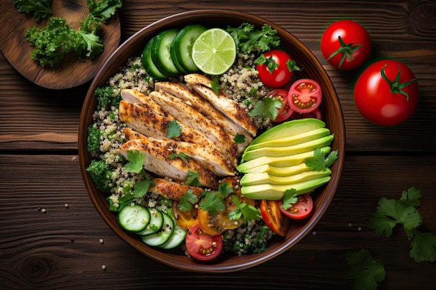 Healthy salad bowl with quinoa tomatoes chicken avocado lime and mixed greens lettuce parsley