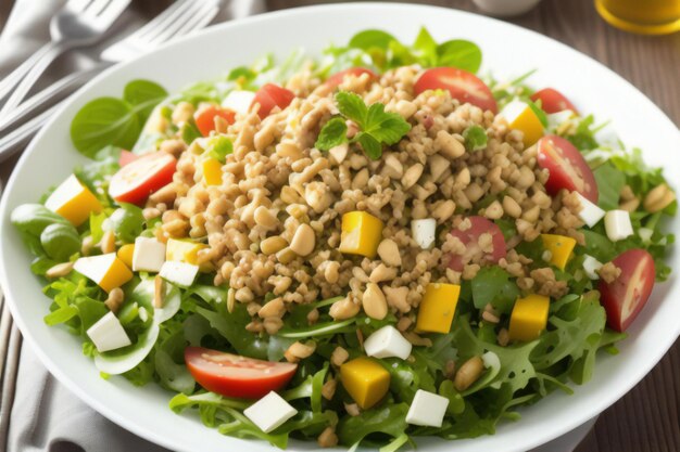 Photo healthy salad with buckwheat tomatoes cheese and pine nuts generative ai