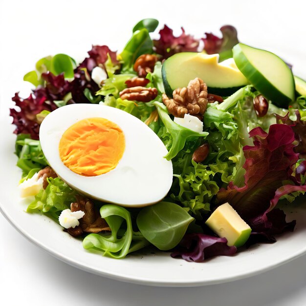 Healthy salad with egg on a plate white background