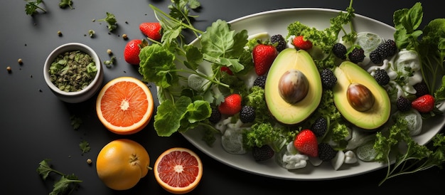 Healthy salad with fresh fruits and vegetables on a black background