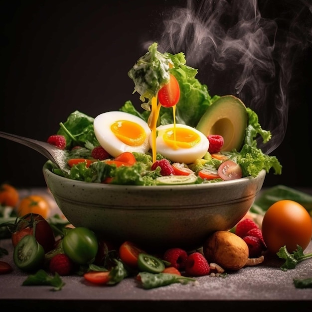 Healthy salad with fresh vegetables fruits and eggs on black background