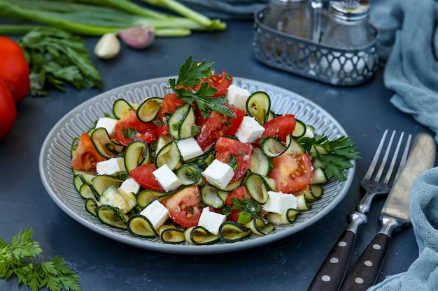 Полезный салат с цуккини, помидорами и сыром фета, заправленный оливковым маслом в тарелке на темном фоне, горизонтальная ориентация