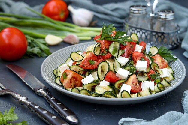 Insalata sana con zucchine, pomodori e feta, condita con olio d'oliva in un piatto