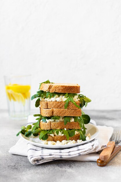 Healthy sandwich with ricotta and arugula