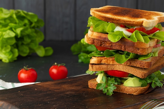 Healthy sandwich with vegetables on dark wooden background