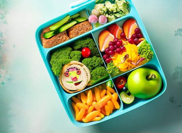 healthy school lunch box with solid background