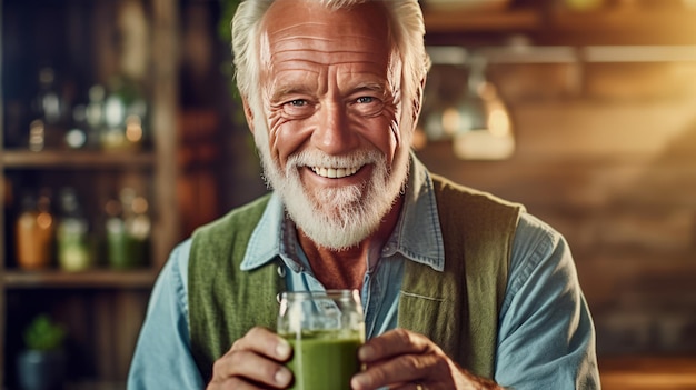 A healthy senior man smiling while holding some green juice glass in the kitchen