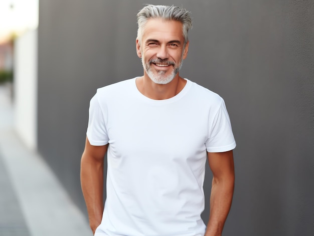 Healthy senior man wearing blank empty white tshirt mockup for design template