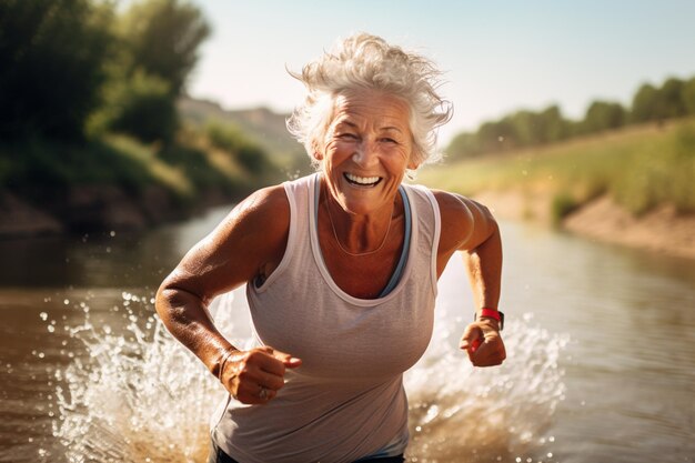 写真 昼間に川辺でジョギングする健康な年配の女性