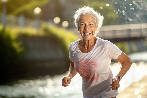 Здоровая пожилая женщина бегает по берегу реки днем