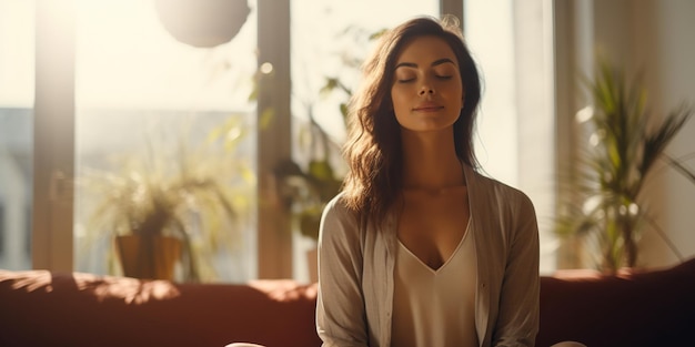 Foto una giovane donna sana e serena medita a casa con gli occhi chiusi rilassando il suo corpo ia generativa