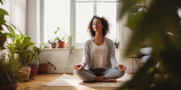 A healthy serene young woman meditates at home with her eyes closed relaxing her body Generative AI