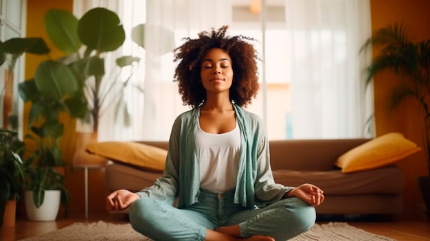 Healthy serene young woman meditating at home with eyes closed Generative AI