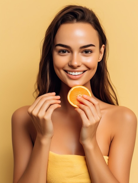 Healthy skin women in her 30s hold slice of orange happy relaxed woman enjoying skin care routine