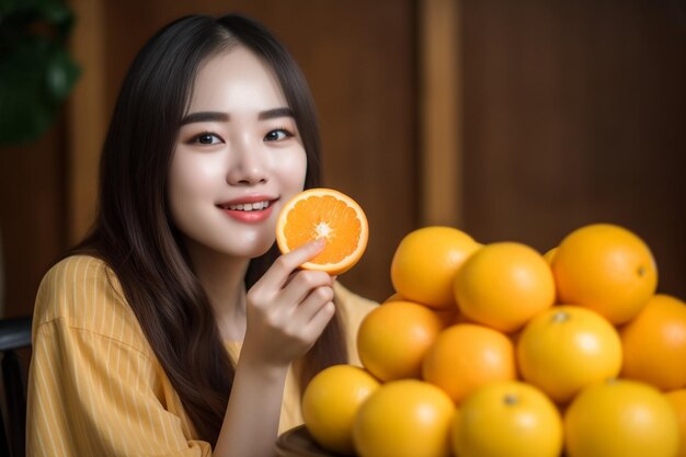 Healthy smiling korean girl drinks fresh juice squeezed from oranges stays healthy has normal diet w