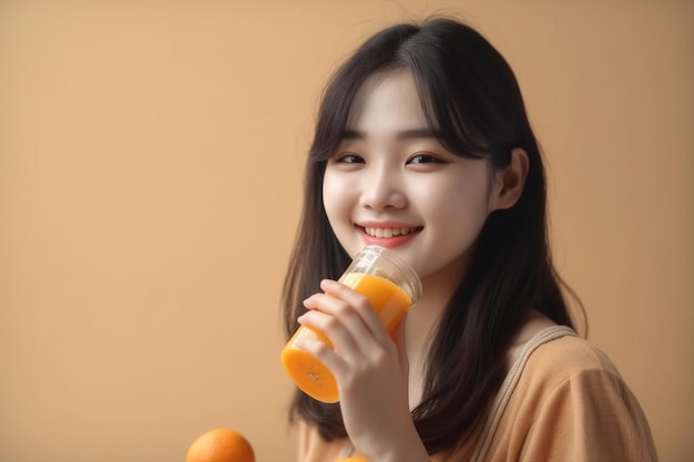 Healthy smiling korean girl drinks fresh juice squeezed from oranges stays healthy has normal diet w