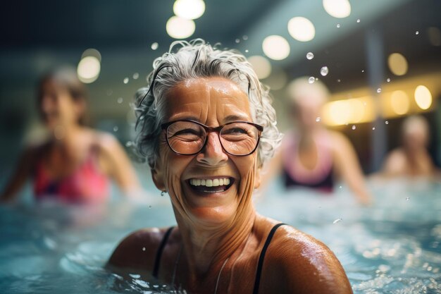 건강하고 미소 짓는 노인 여성이 수영장에서 수영하고 있습니다.