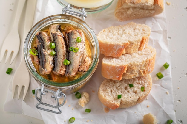 Healthy smoked sprats as a mediterranean appetizer