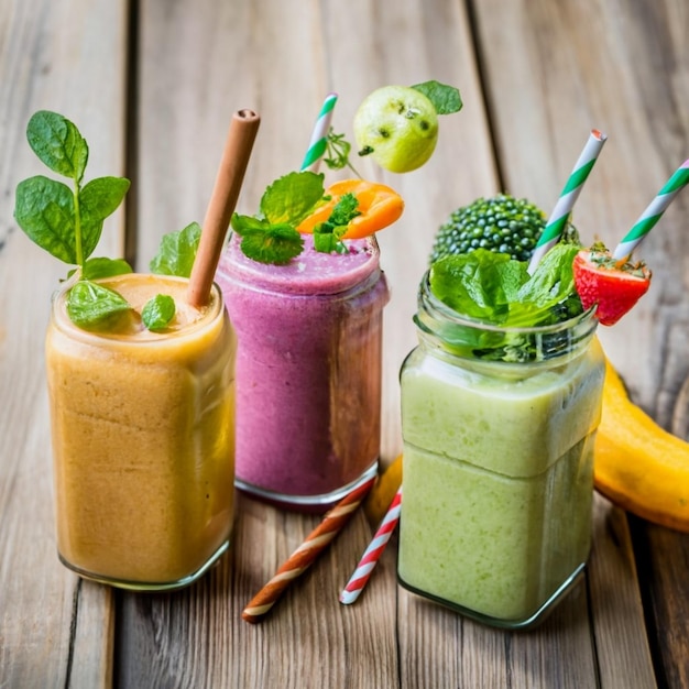 Healthy smoothie in glasses with fruits and vegetable on wooden background