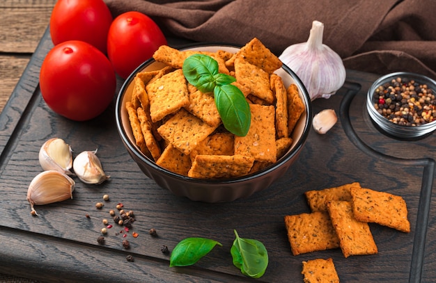 Healthy snack, crackers with tomato