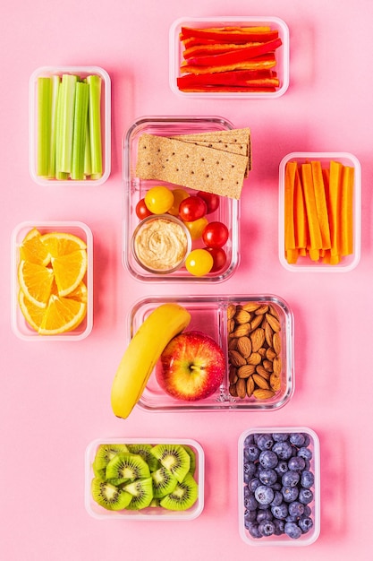 Healthy snack on a pastel background, top view.