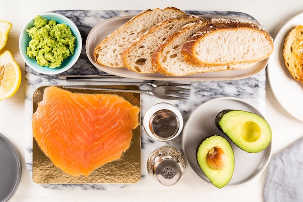 Healthy Snack with Wholemeal Bread Toasts Avocado and Salmon