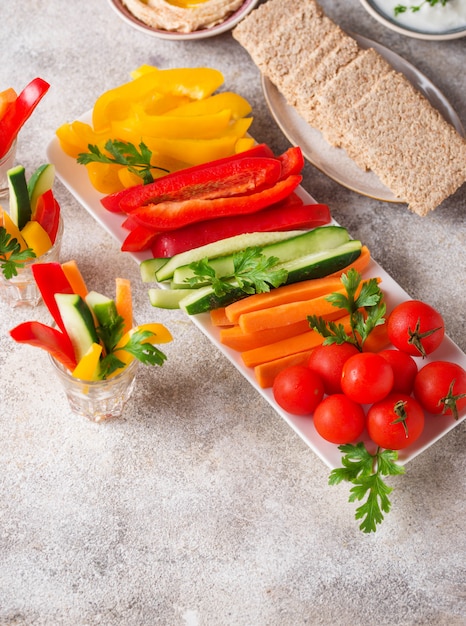 Healthy snacks. Vegetables and hummus