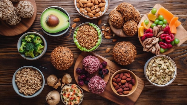 Photo healthy snacks on wooden table top down view