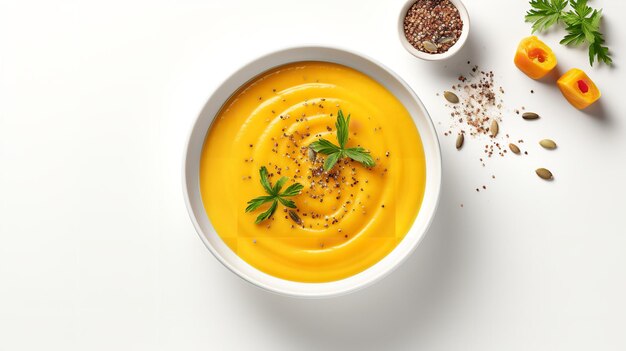 Healthy soup made with roasted butternut squash presented against a yellow backdrop Generative AI