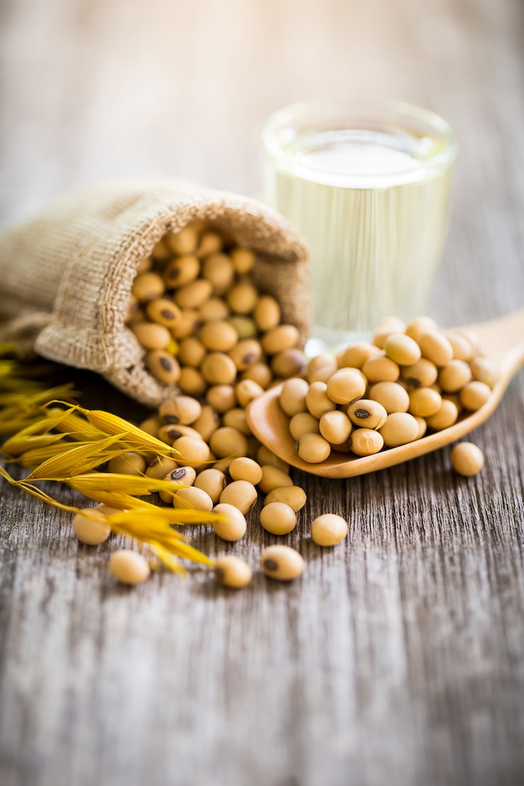 Photo healthy soy on a wooden spoon,copy space.