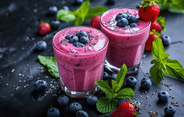 healthy strawberry and blueberry smoothie on the table with green leaves