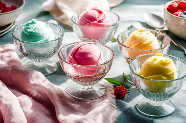 Healthy summer frozen desserts in glass elegant bowls