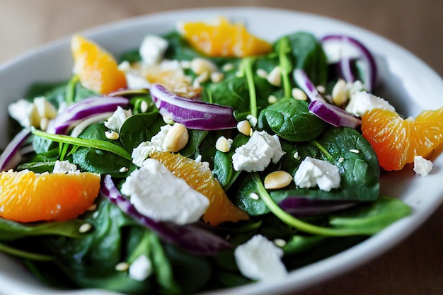 Healthy summer green salad with pieces of red cabbage on plate