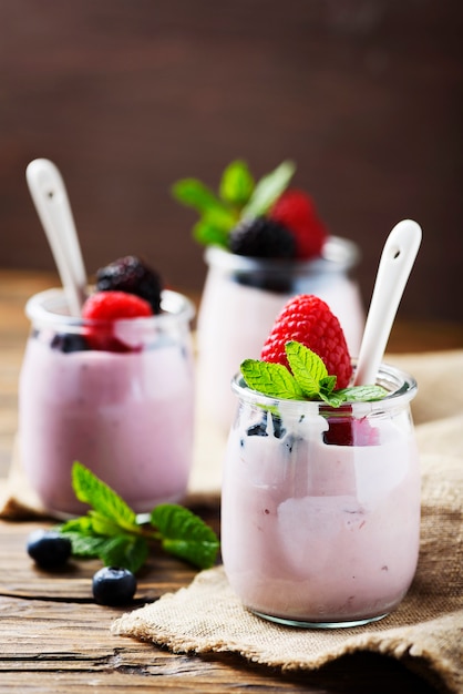 Healthy summer yogurt with berry and mint